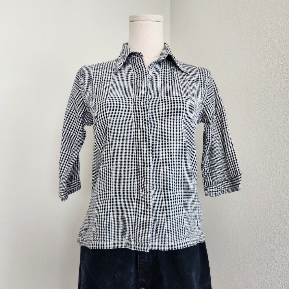 Vintage 90s RT Jeans Black White Plaid Cotton Button Up Shirt 3/4 Sleeve XS